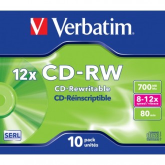 VERBATIM CD-RW 700MB 12X 10 PACK JEWEL CASE SUPERFICIE SCRATCH RESISTANT 43148
