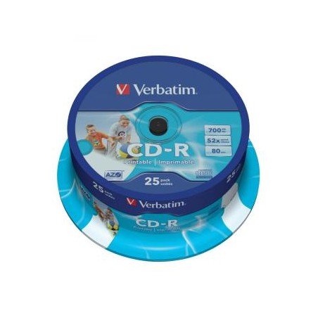 VERBATIM CD-R AZO 700MB 52X 25 PACK SPINDLE WIDE INKJET PRINTABLE SURFACE 43439
