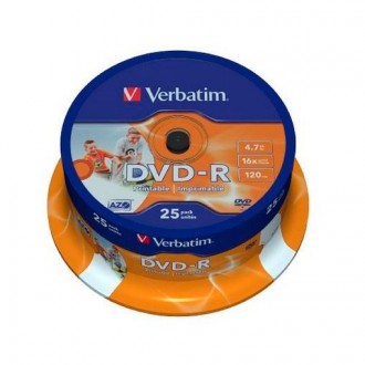 VERBATIM DVD-R 4.7GB 16X 25 PACK SPINDLE WIDE INKJET PRINTABLE SURFACE 43538