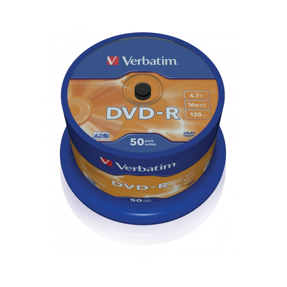 VERBATIM DVD-R 4.7GB 16X 50 PACK SPINDLE MATT SILVER SURFACE 43548