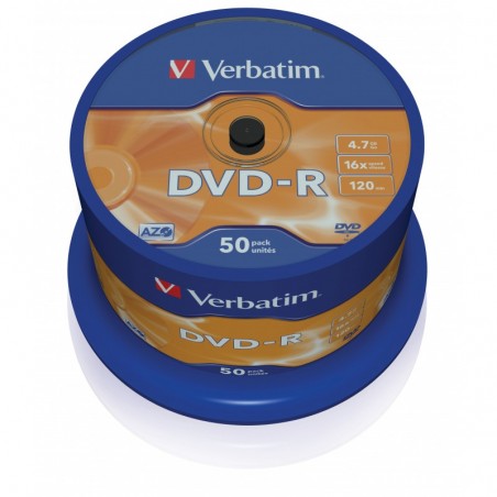 VERBATIM DVD-R 4.7GB 16X 50 PACK SPINDLE MATT SILVER SURFACE 43548