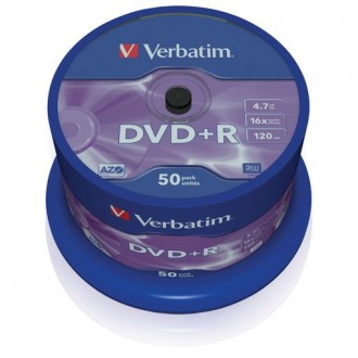 VERBATIM DVD+R 4.7GB 16X 50 PACK SPINDLE MATT SILVER SURFACE 43550