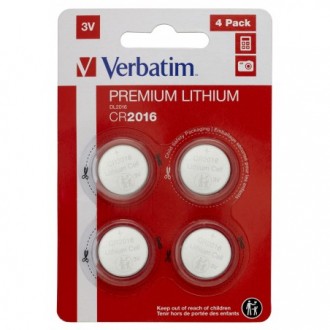 VERBATIM LITHIUM FLAT BATTERIES 3V - CR2016 4 PACK 49531